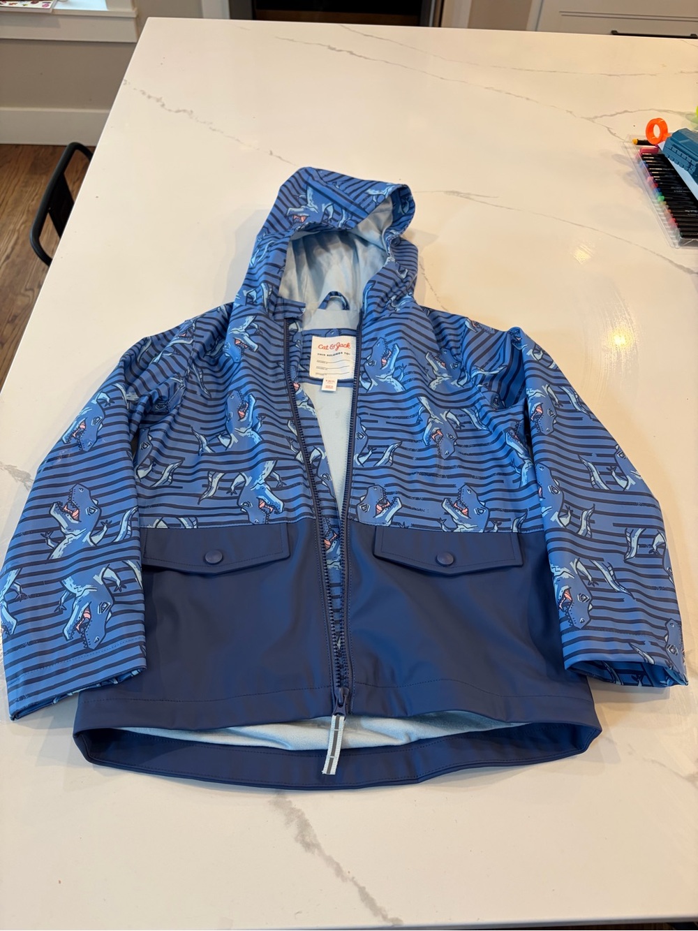 Cat & Jack Navy and Light Blue Shark Rain Jacket with Hood - Size 6/7